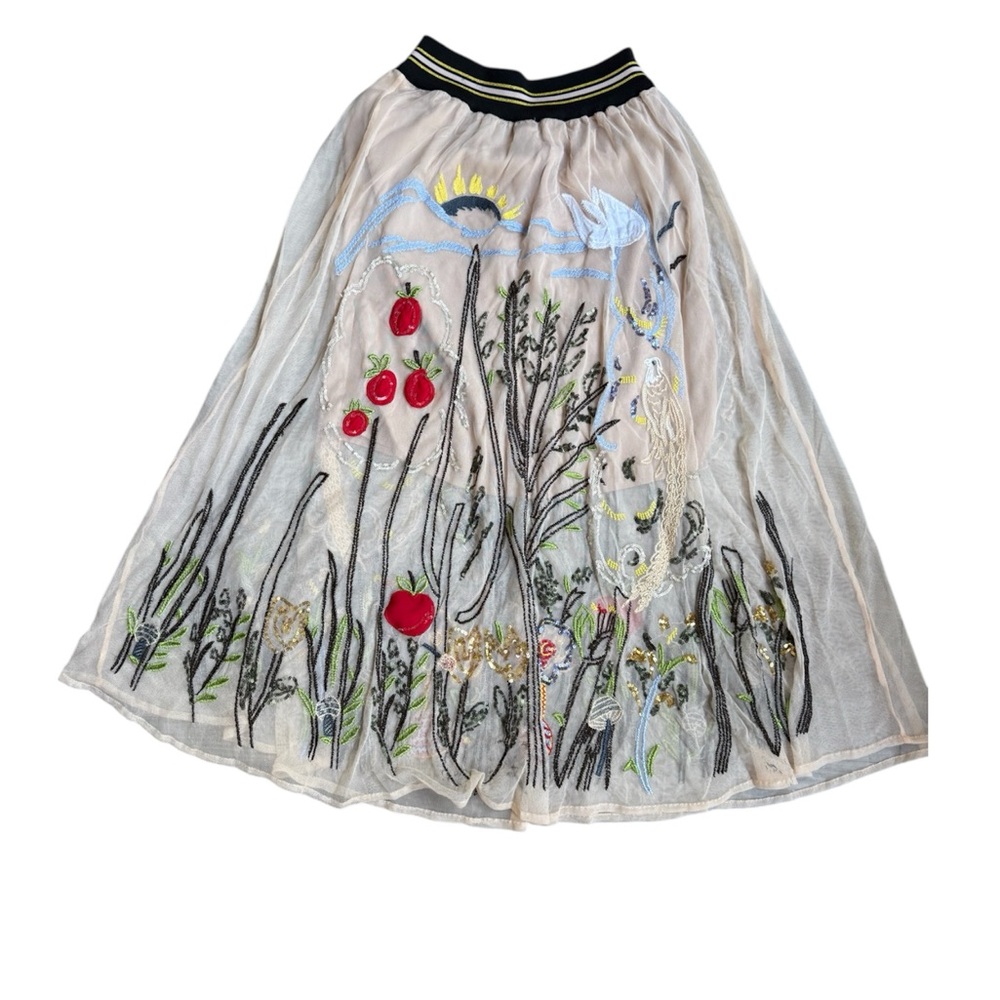 Zara Rare Sheer Embroidered A-Line tulle Skirt - Cream XS